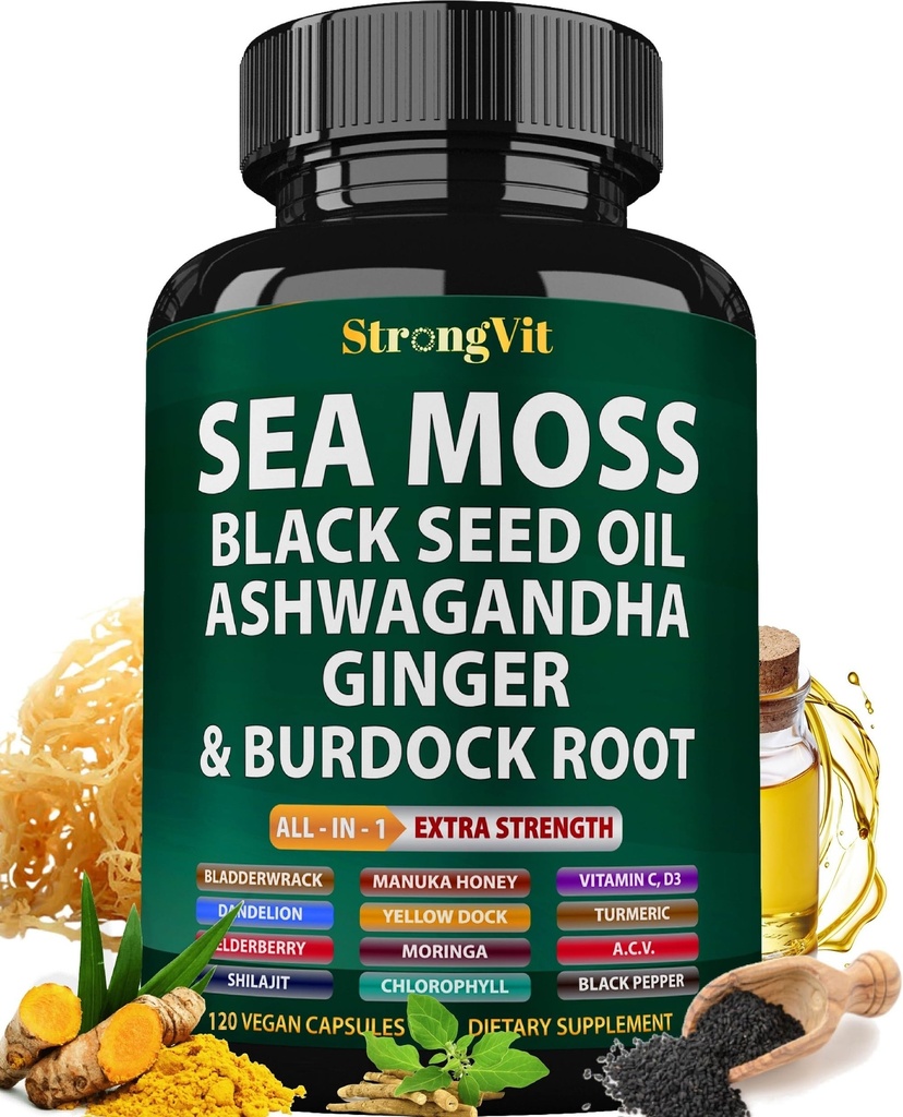 Sea Moss Black Seed Oil Ashwagandha Ingefær, Organic Sea Moss Kapsler med Burdock Root, Irish Seamoss Pills med Bladderwrack, Gurkemeje, Shilajit, Multimineral Supplement, USA (120 Kapsler)
