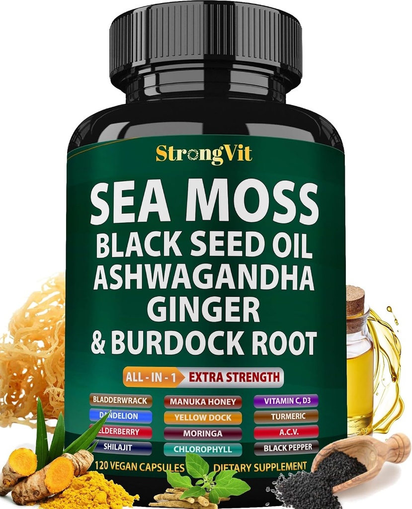 Sea Moss Black Seed Oil Ashwagandha Ingefær, Organic Sea Moss Kapsler med Burdock Root, Irish Seamoss Pills med Bladderwrack, Gurkemeje, Shilajit, Multimineral Supplement, USA (120 Kapsler)