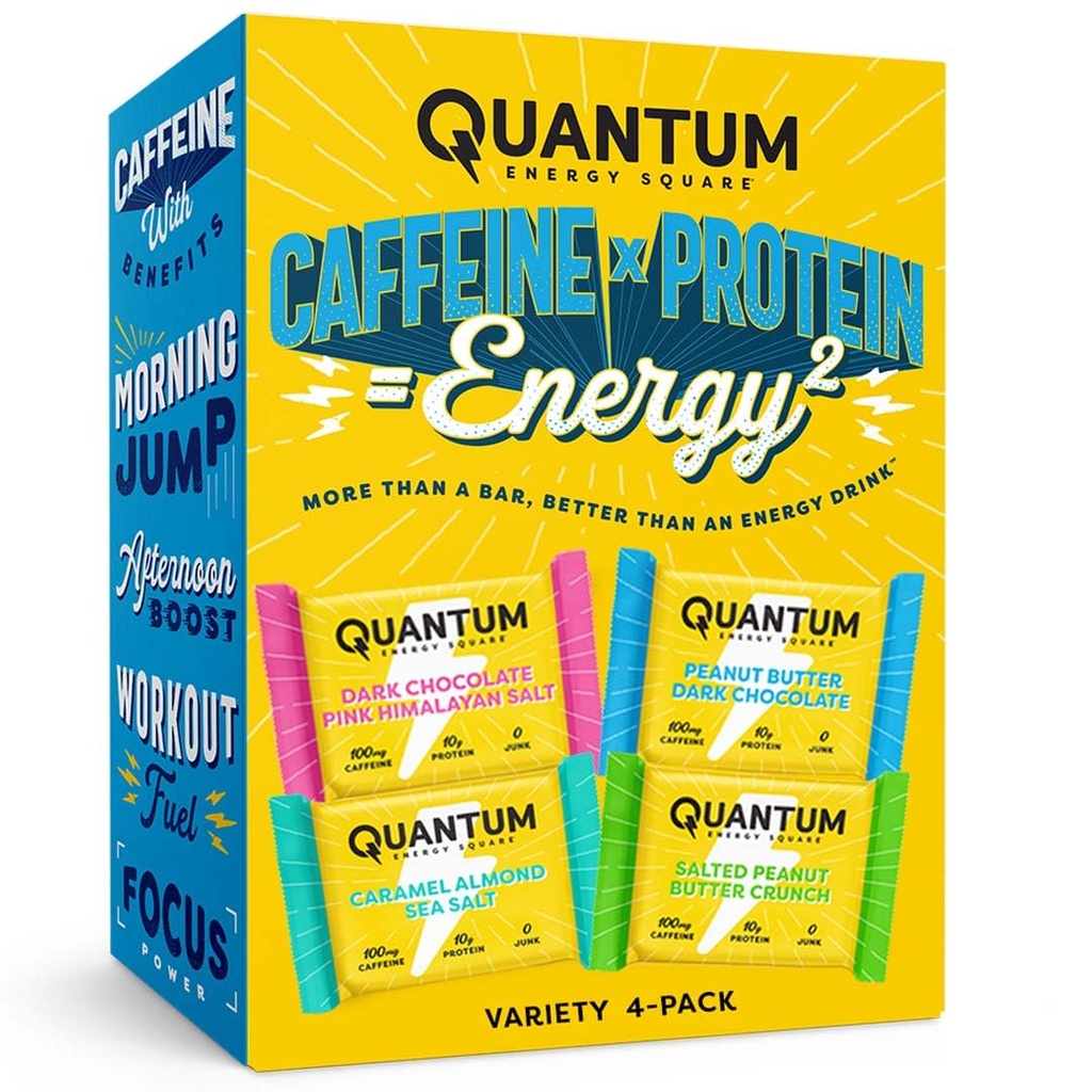 Quantum Energy Square - Energibar med koffein & 10g Protein, Sund Snack On the Go - Vegan, Gluten- Free, Soy & Dairy- Free - Variety 4-Pack