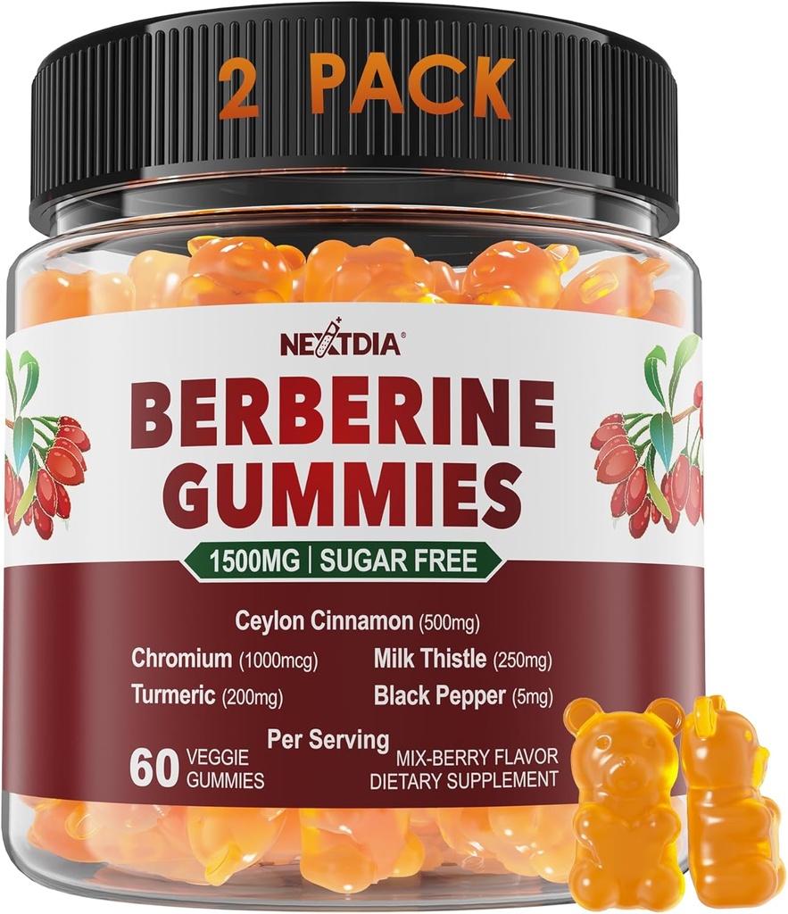 2 Pack - Berberine Gummies 1500mg Sugar Free, Organic Berberine Supplement w / Ceylon Cinnamon, Chrom, Gurkemeje, Milk Thistle for Metabolisme, Berberine HCl fra indisk bær ekstrakt, Vegan