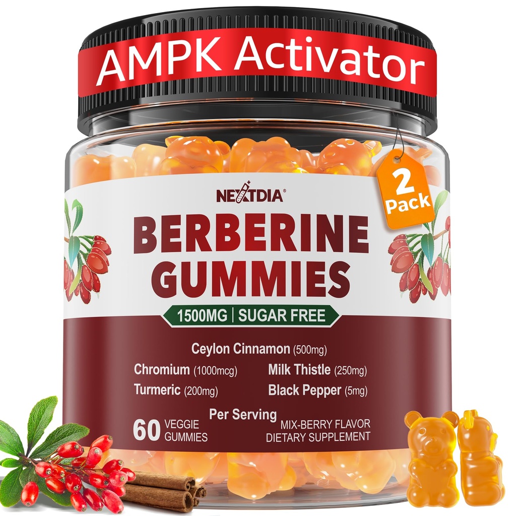 2 Pack - Berberine Gummies 1500mg Sugar Free, Organic Berberine Supplement w / Ceylon Cinnamon, Chrom, Gurkemeje, Milk Thistle for Metabolisme, Berberine HCl fra indisk bær ekstrakt, Vegan