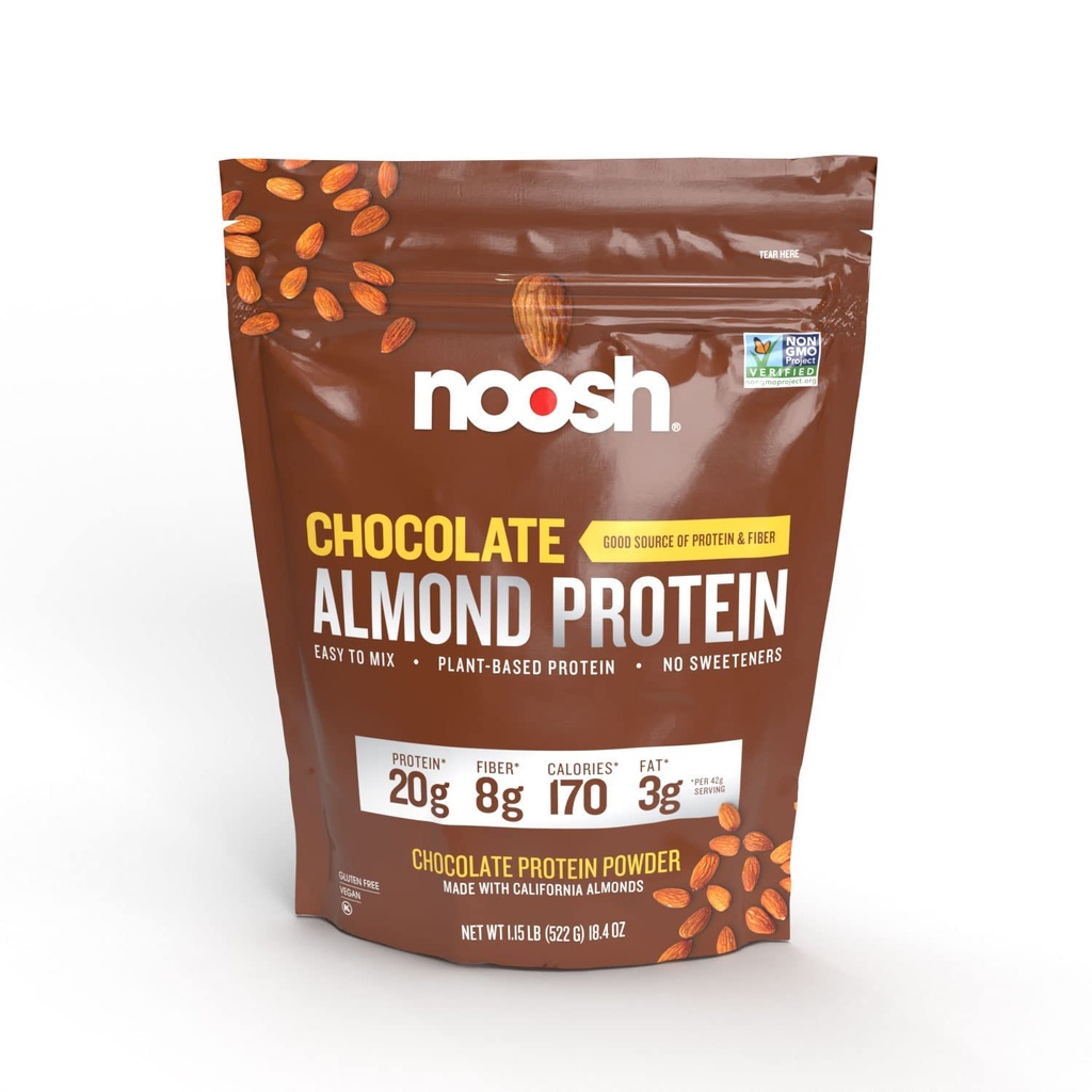 NOOSH Plant Based Mandel Protein Powder Chocolate 43 Gram - Vegansk Protein Powder, Alle naturlige ingredienser, Non-GMO, Gluten Free, Kosher, Peanut Free, Soy Free, Dairy Free (Chocolate)