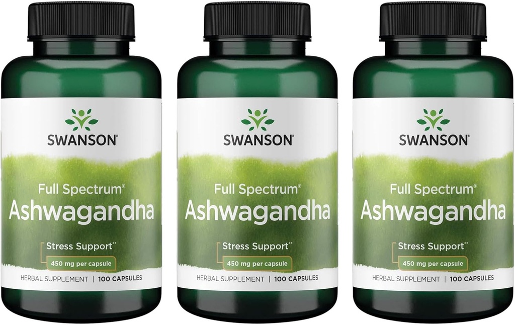 Swanson Ashwagandha Powder Supplement- Ashwagandha Root Fremme Stress Relief & Energy Support- Ayurvedic Supplement for Natural Wellness (100 kapsler, 450mg Hver) 3 Pack