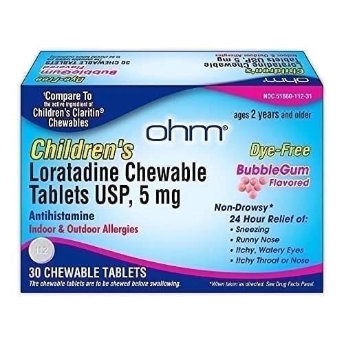 Ohm Children 's Loratadine Chewable, Dye Free, Bubblegum, Non- Drowsy 24h Relief of Snezing, Runny Nose, Watery Eyes, Itchy Throat eller Nose, Antihistamin, Indoor & Outdoor Allergier, 5mg, 30 tabletter