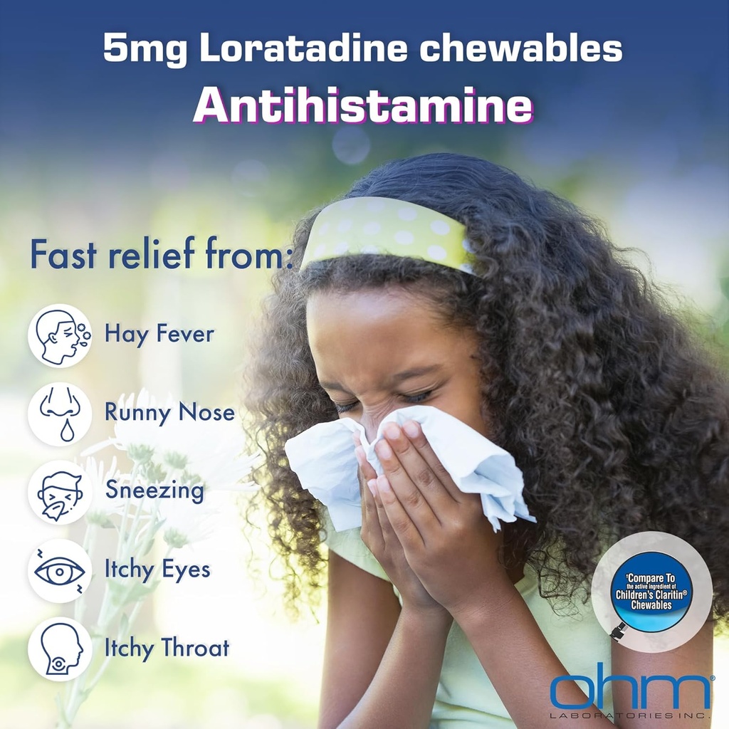 Ohm Children 's Loratadine Chewable, Dye Free, Bubblegum, Non- Drowsy 24h Relief of Snezing, Runny Nose, Watery Eyes, Itchy Throat eller Nose, Antihistamin, Indoor & Outdoor Allergier, 5mg, 30 tabletter