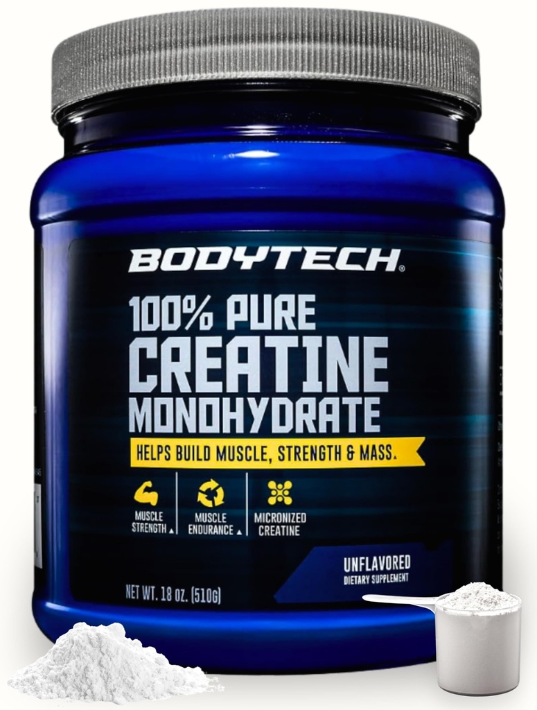 BODYTECH 100% Pure Creatin monohydrat pulver - Premium Mikroniseret Creatin for forbedret muskelstyrke og ydeevne - Understøtter muskler, inddrivelse og øget motion (18oz / 102 Servere)