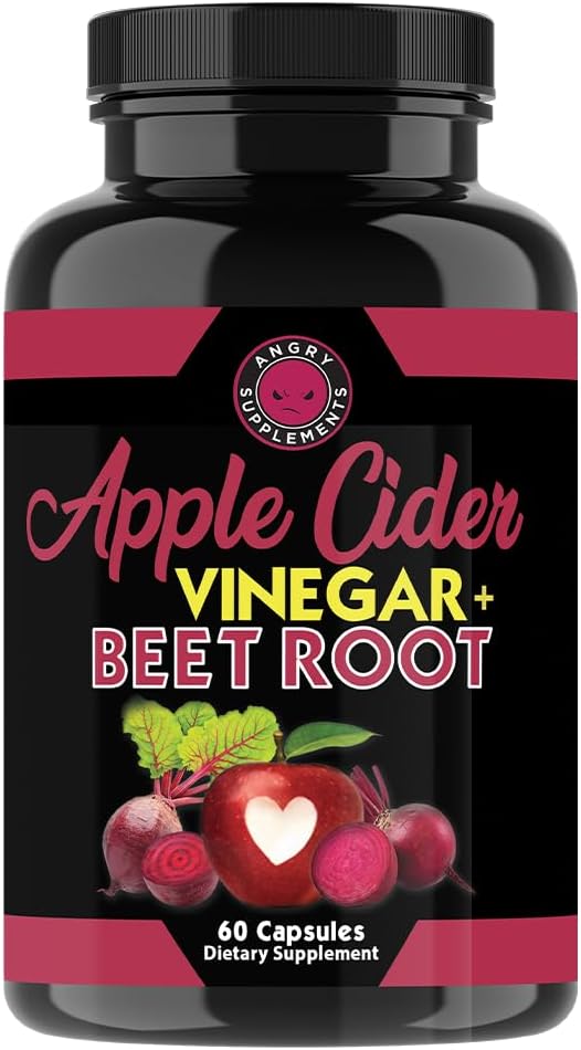 Angry Supplements Apple Cider Vincious + Beet Root Powder Capsules, Pure ACV Beetroot 1000mg per servering, fordøjelsessundhed for mænd og kvinder (60ct, 1- måned Tilgang)