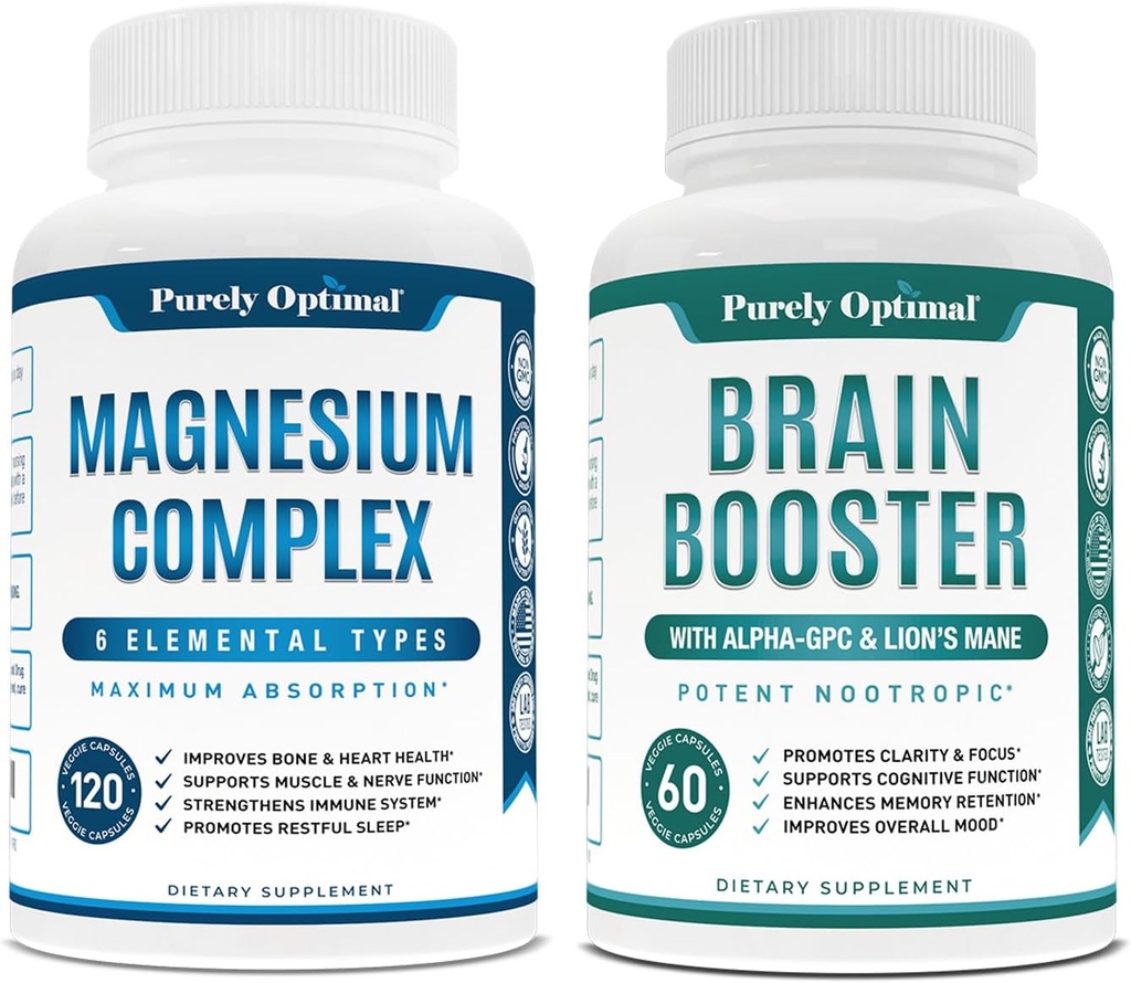 Magnesiumkompleks - Citrat, Malat, Taurat, Oxide, Bisglycinat, Aspartat + Brain Supplement - Nootrop Brain Booster for Focus, Clarity, Forbedret hukommelse, Koncentration