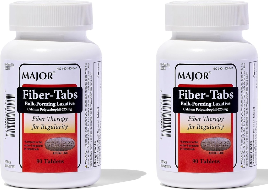 MAJOR Fiber- Tabs 625 Mg Tablets - Fiberterapi for regelmæssighed - Lejlighedsvis Forstoppelse Relief for voksne - 90 Count (2 Pack)