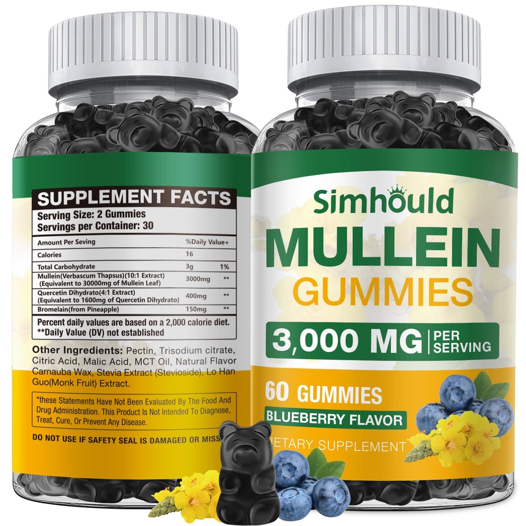1 Pack Sugar Free 3000MG Mullein Gummies - Lung Cleanse, Mullein Leaf Extract Supplement for Luftveje, Organic Mullein Drops med Quercetin & Bromelain for Lung, fordøjelsessygdomme & immun