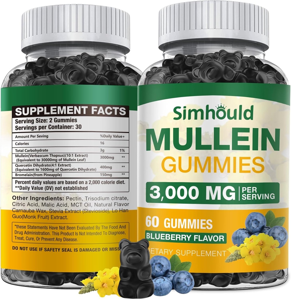 1 Pack Sugar Free 3000MG Mullein Gummies - Lung Cleanse, Mullein Leaf Extract Supplement for Luftveje, Organic Mullein Drops med Quercetin & Bromelain for Lung, fordøjelsessygdomme & immun
