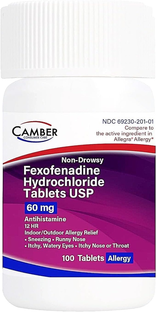 Camber Ikke- Drowsy Fexofenadin Antihistamin Indendørs Allergi Relief Tablets 60Mg 100 Tæl