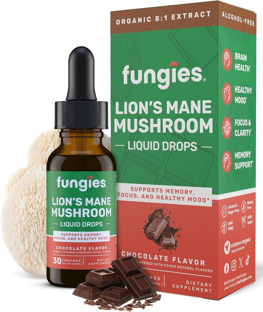 Fungies Lion 's Mane Mushroom Liquid Drops, Chokolade - Tinktur med Lions Mane Extract understøtter hjerne tåge, fokus, hukommelse og sund mad - Mushroom Kompleks for voksne - 30 Serveringer