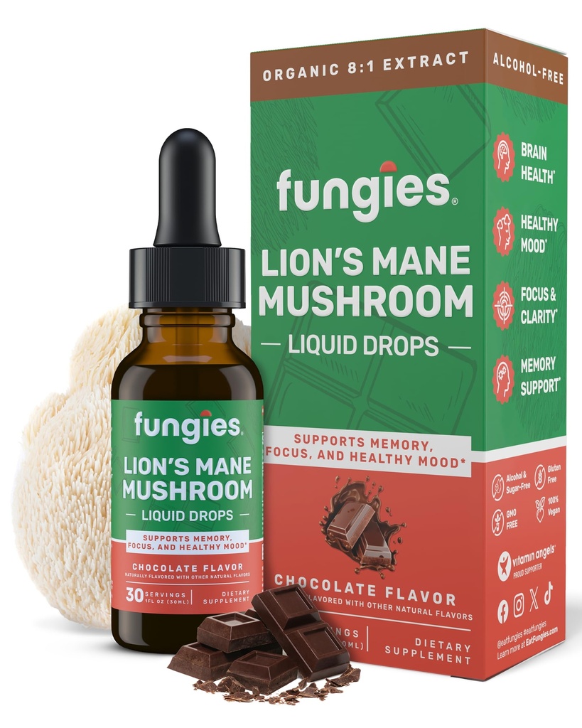 Fungies Lion 's Mane Mushroom Liquid Drops, Chokolade - Tinktur med Lions Mane Extract understøtter hjerne tåge, fokus, hukommelse og sund mad - Mushroom Kompleks for voksne - 30 Serveringer
