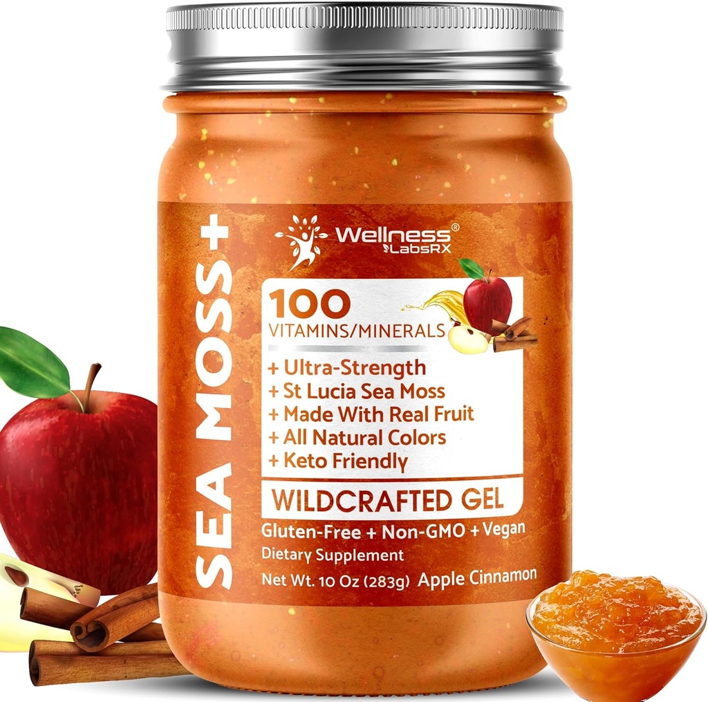 Irish Sea Moss Gel Raw - Wildcrafted Superfood Seamoss Gel - Apple Cinnamon Flavor, Vitamin and Mineral-Rich from Pristine Caribbean Waters, Immune and Digestive Health Support - 10 oz