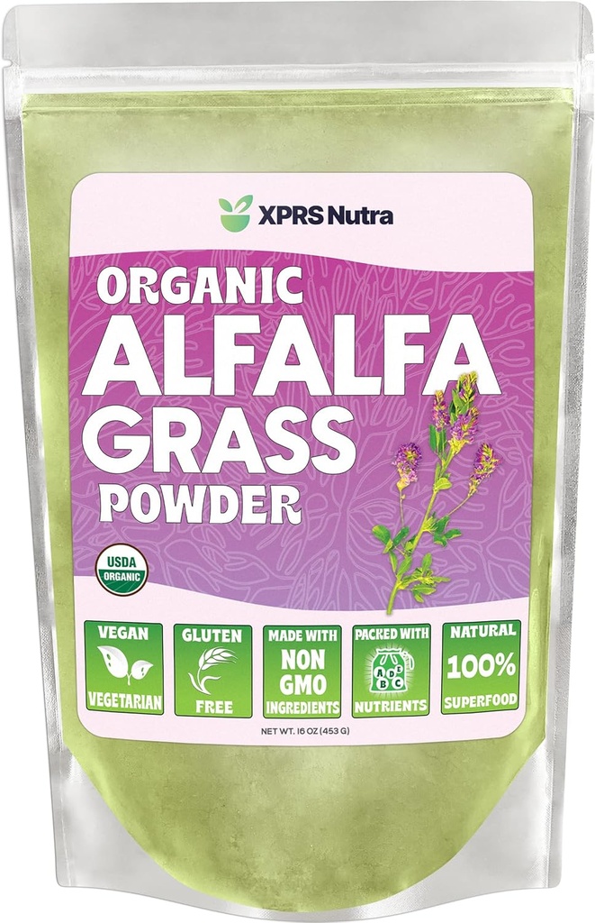 XPRS Nutra Organic Alfalfa Powder - Premium Vegan Supplement Rich in Calcium, Antioxidants, Vitaminer - Farmer Supplement for børn og voksne - Vegan Friendly Alfalfa Leaf (16 Ounce)