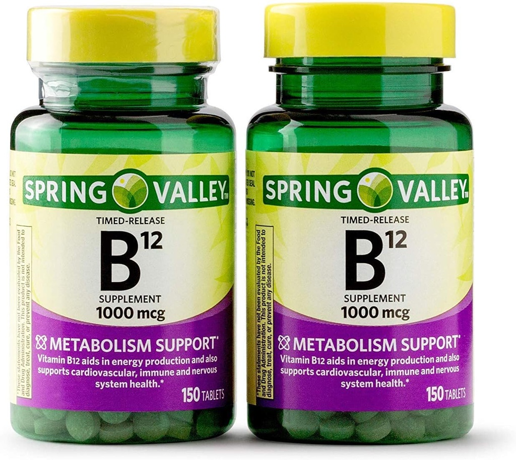 Spring Valley Vitamin B12 Timet Udgivelsestabletter, 1000 mcg, 150 greve (pakke med 2, 300 greve i alt) (150 greve (pakke med 2))