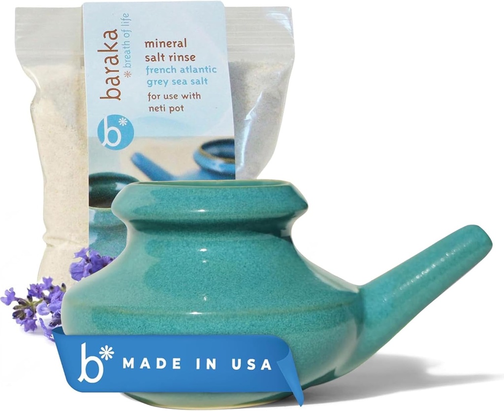 Baraka Neti Pot Tool Kit - Snoring & Saline Solution, Håndlavede Keramisk Opvaskemaskine Safe med 2oz Mineral Sea Salt til Næse Rengøring & Sinus Rinse Perfekt til Allergy Relief hos voksne og børn (Jade)