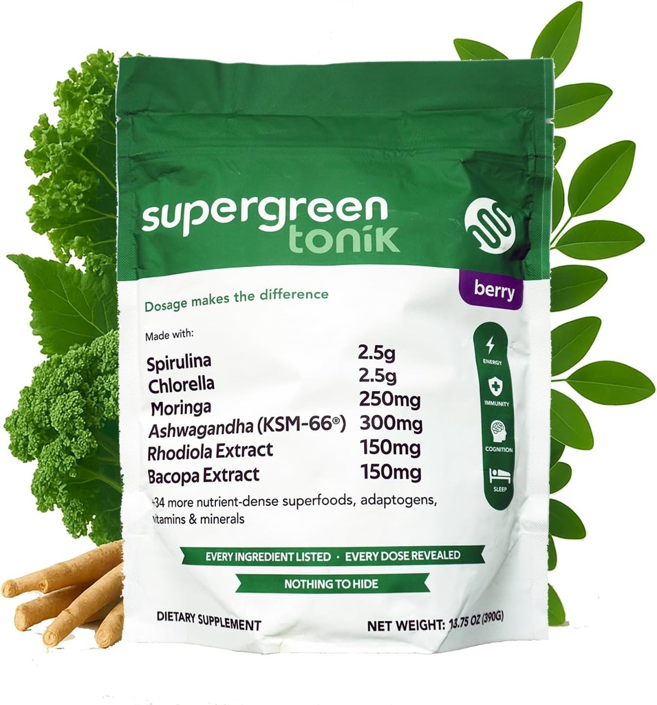 100% Natural Green Superfood Powder - Dagligt tillæg med 40 superfødevarer, vitaminer og mineraler - Understøtter energi, stress og immunitet - 30 dage 360 Bedste Berry Flavor (1 Bag)