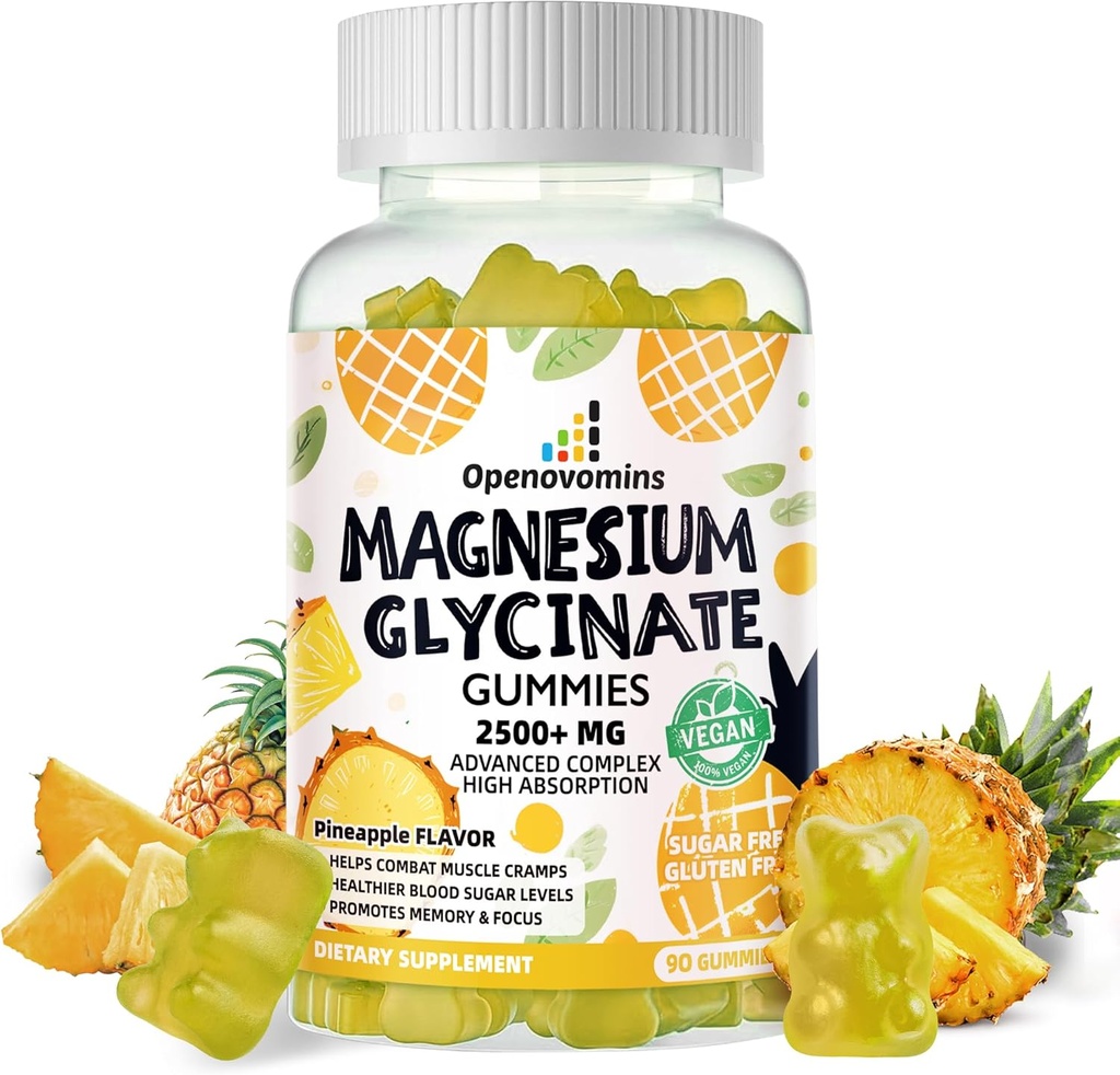 Magnesium Glycinat Gummies 2500mg - Sugar Free Magnesium Kalium Supplement med D-vitamin, B6, CoQ10 for Calm Mood & Sleep Support - 90 Ananas Gummies