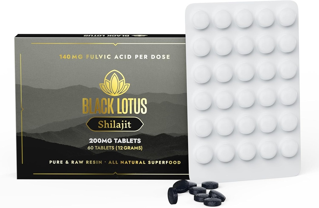 Black Lotus Shilajit Resin Tablets, 60 Count, 200mg Hver, 100% Pure Natural Shilajit for Mænd & Kvinder med Aminosyrer, 140mg Fulvic Acid, 85 Ionic Trace Minerals, for immunforsvar, Fokus, energi