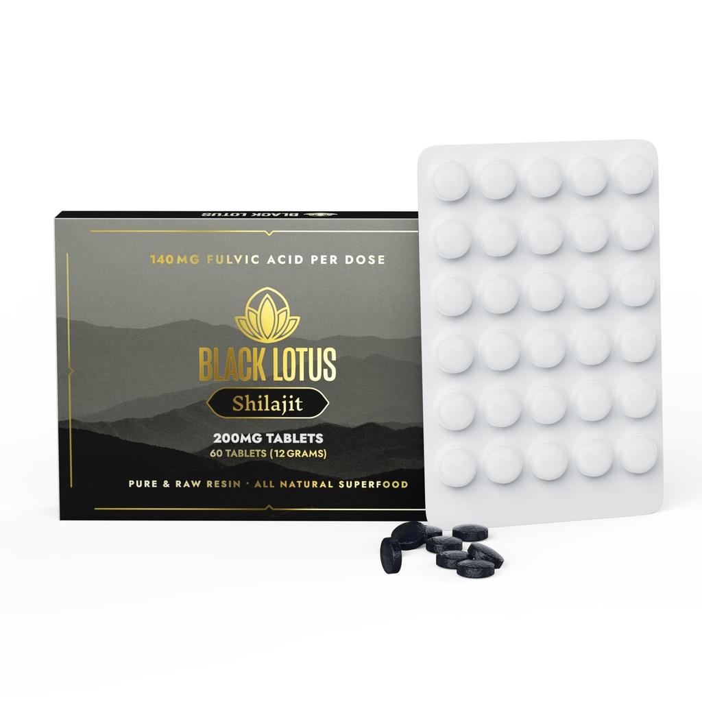 Black Lotus Shilajit Resin Tablets, 60 Count, 200mg Hver, 100% Pure Natural Shilajit for Mænd & Kvinder med Aminosyrer, 140mg Fulvic Acid, 85 Ionic Trace Minerals, for immunforsvar, Fokus, energi