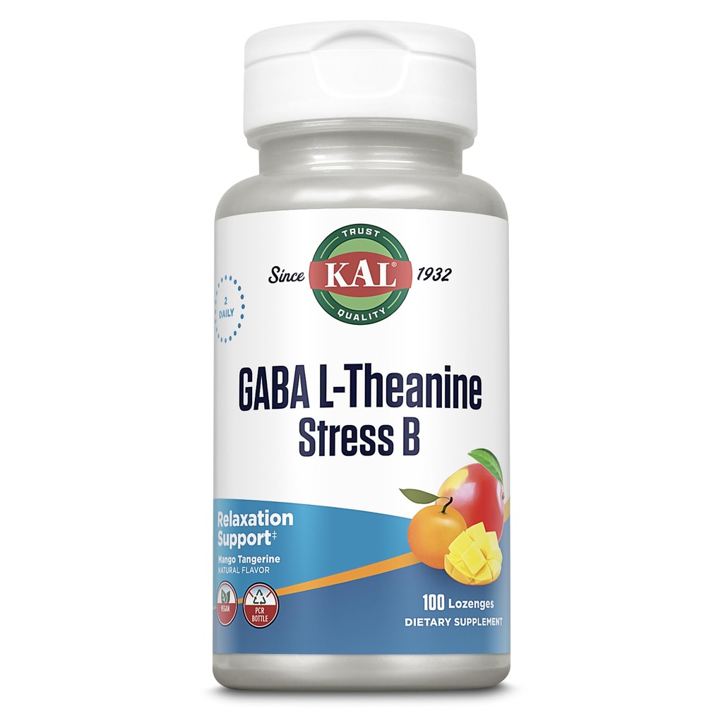 KAL GABA L- Theanine Stress B Lozenge, B Complex Vitamin Supplement, sund afslapning, Mood & Focus Support, Natural Mango Tangerine Flavor, Vegan, 50 Servere, 100 Lozenges