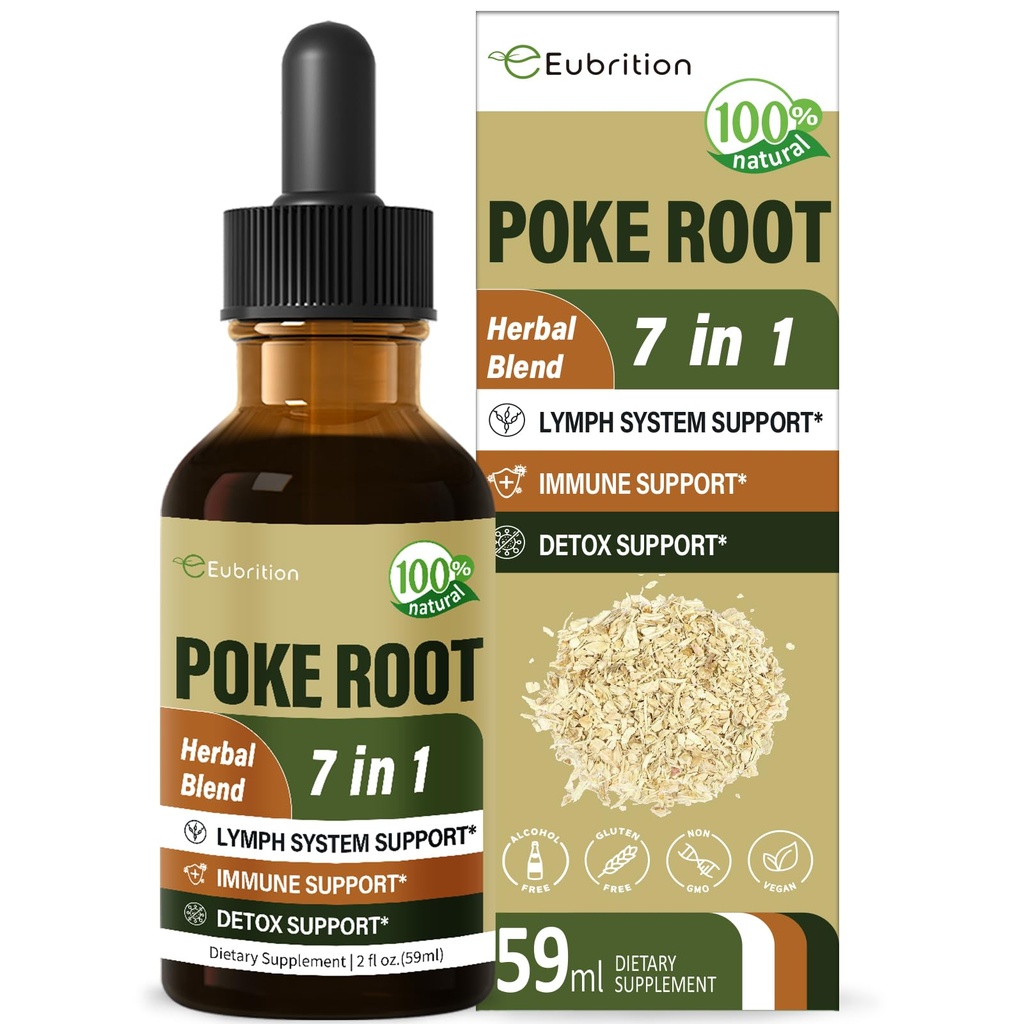 Poke Root Drops til Lymph System Support, Lymporous Drainage Supplement til Lymphedema, 7 i 1 Formel med Goldenseal Extract til immunstøtte, Mælkebøtte til Detox & Rense. 2oz