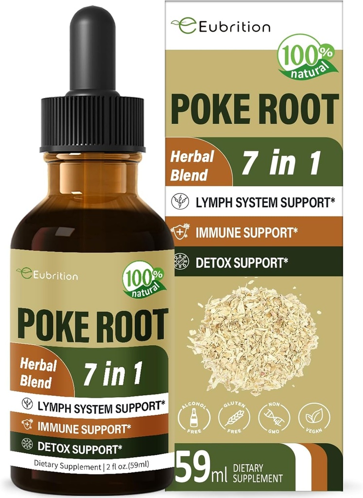Poke Root Drops til Lymph System Support, Lymporous Drainage Supplement til Lymphedema, 7 i 1 Formel med Goldenseal Extract til immunstøtte, Mælkebøtte til Detox & Rense. 2oz