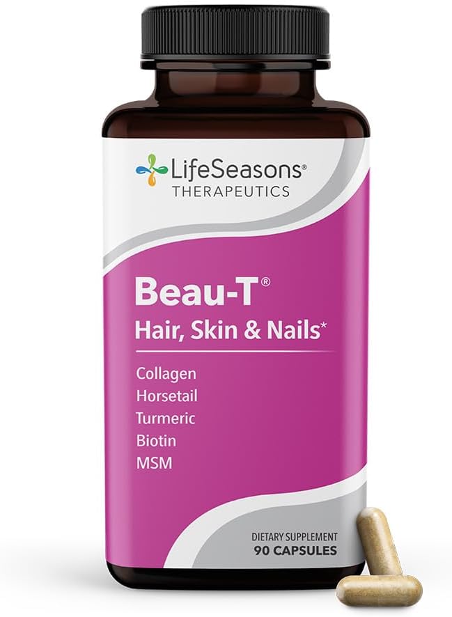 LifeSeasons Beau- T - hår, negle og hudpleje supplement - fremmer sundt hår og neglevækst - Support Clear Skin & Fights Acne - neglestyrke - Indeholder biotin kollagen gurkemeje - 90 kapsler