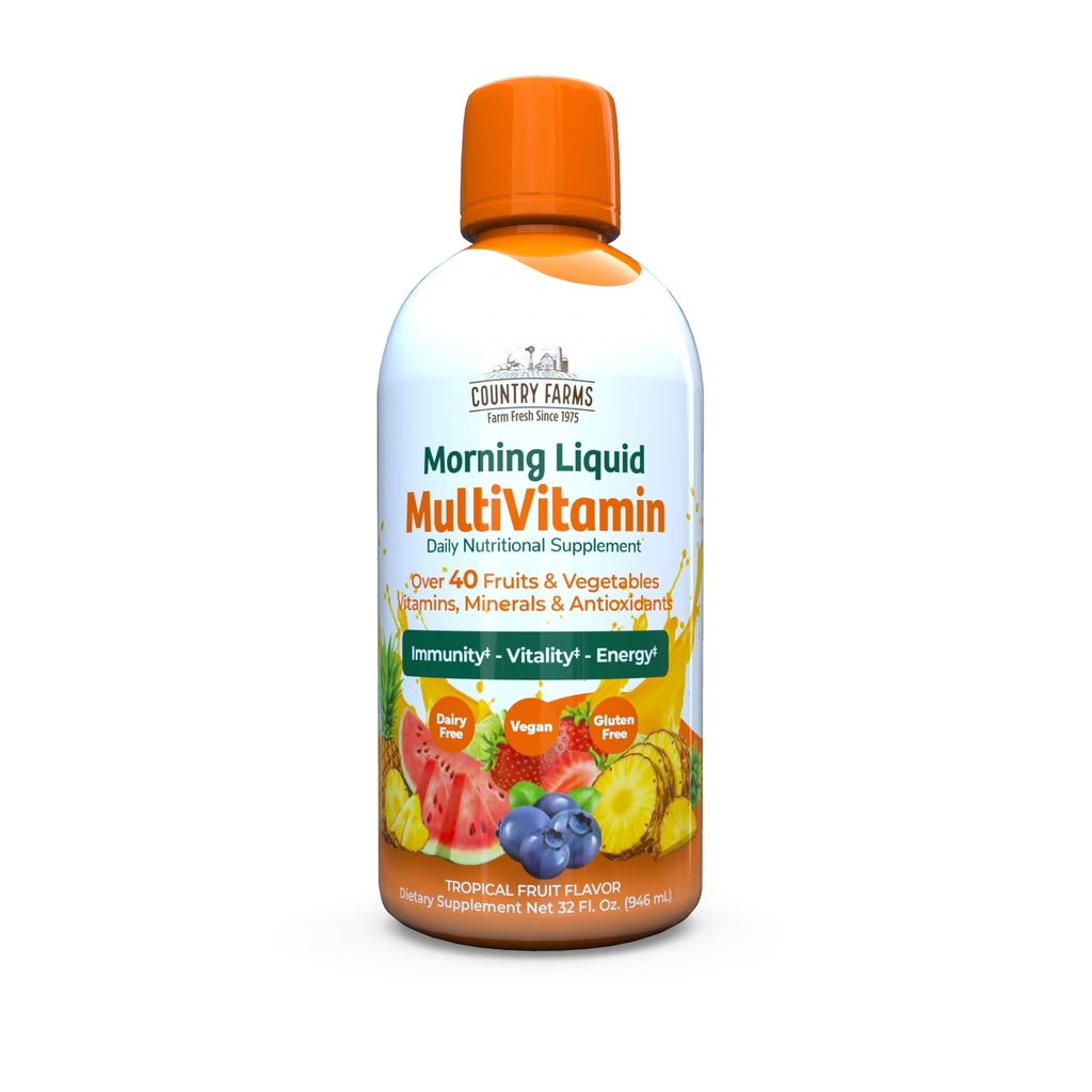 Country Farms Flydende Multivitamin, Vitamin og Mineraler til immunforsvar og energi, Urtebind, Vegansk, Multivitamin for kvinder og mænd, Gluten Free, Tropical Fruit Flavor, 32 fl oz