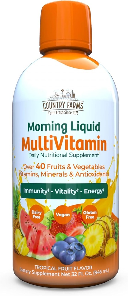 Country Farms Flydende Multivitamin, Vitamin og Mineraler til immunforsvar og energi, Urtebind, Vegansk, Multivitamin for kvinder og mænd, Gluten Free, Tropical Fruit Flavor, 32 fl oz
