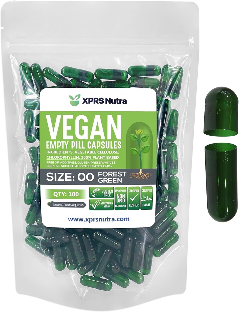XPRS Nutra Size 00 Empty Capsules - 100 Count Empty Vegan Capsules - Vegetarian Empty Pills - DIY Vegetable Capsule Filling- Veggie Pill Caps (Forest Green)