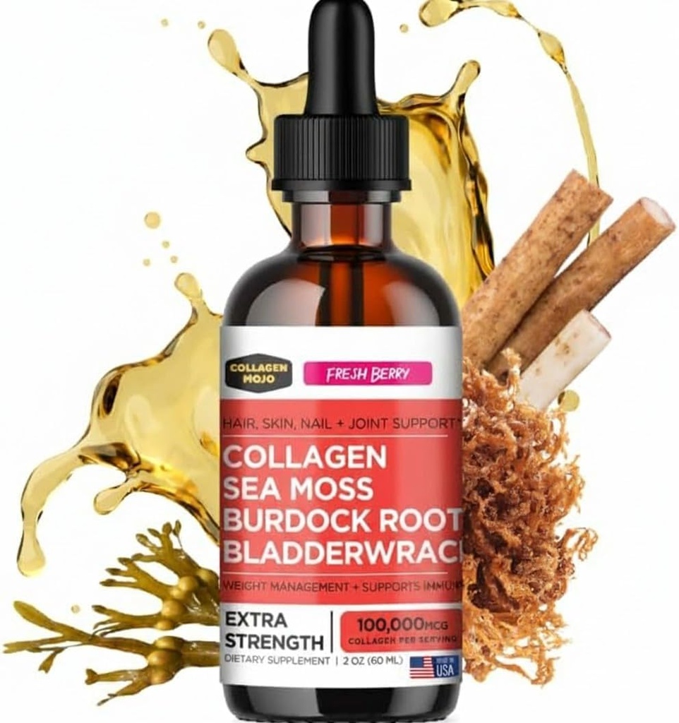 Collagen Mojo - flydende Collagen for kvinder & mænd, Collagen Peptider med Sea Moss, Burdock Root & Bladderwrack - hår, hud, negle, fælles støtte, vægthåndtering, høj absorption - 100,000mcg, 2 Oz