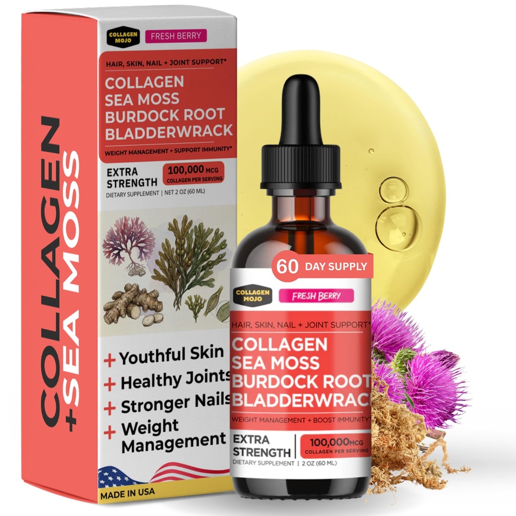 Collagen Mojo - flydende Collagen for kvinder & mænd, Collagen Peptider med Sea Moss, Burdock Root & Bladderwrack - hår, hud, negle, fælles støtte, vægthåndtering, høj absorption - 100,000mcg, 2 Oz