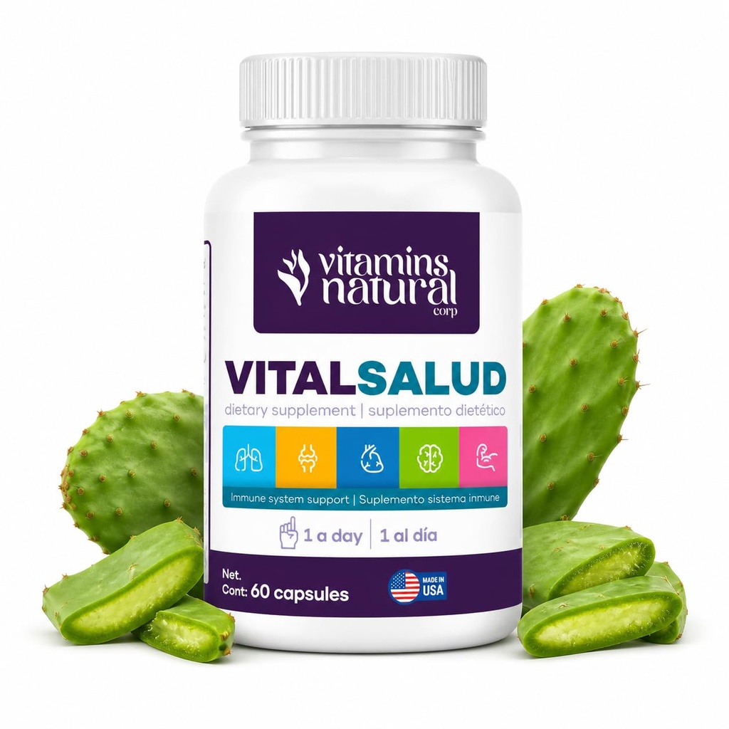 VITAMINS NATURLIGE CORP- Vital Salud Plus- Organic Immunsystem Support Supplement med Nopal Cactus, L- Carnitin Base- Understøtter Bone Sundhed, Reducerer Varicose Veins, Forbedre hud udseende (60 kapsler)