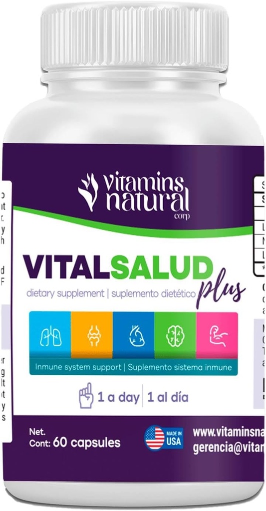 VITAMINS NATURLIGE CORP- Vital Salud Plus- Organic Immunsystem Support Supplement med Nopal Cactus, L- Carnitin Base- Understøtter Bone Sundhed, Reducerer Varicose Veins, Forbedre hud udseende (60 kapsler)