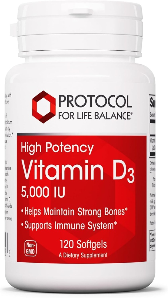 PROTOKOL FOR LIV BALANCE - D3- vitamin 5000 IE (høj potens) støtter Calcium Absorption, Knogler og dental sundhed, immunsystemet funktion, nervesystemet, og kognitiv funktion - 120 Softgels