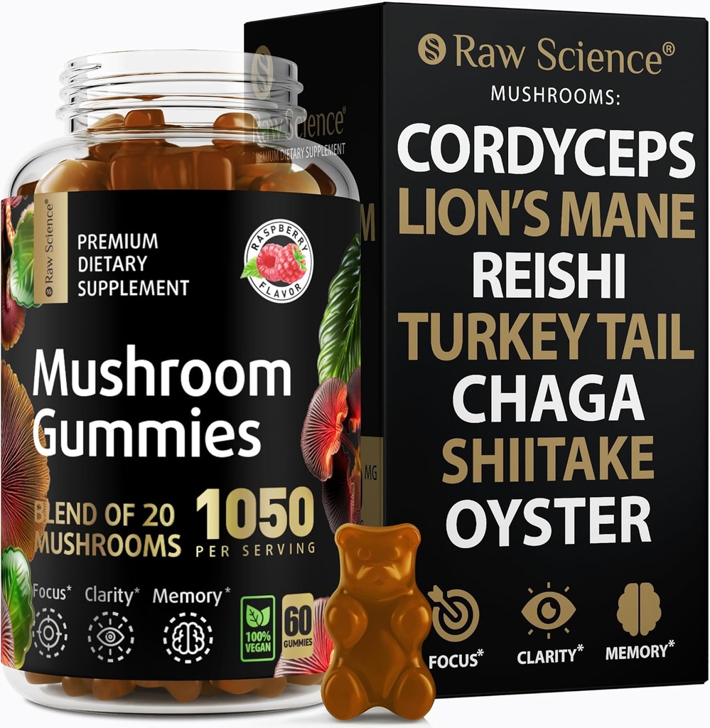 Svampe Complex Gummies med Lions Mane, Nootrop Brain Kosttilskud til hukommelse og fokus: Lions Mane, Cordyceps, Shiitake, Tyrkiet Tail, Reishi, Chaga, Enoki, Oyster Mushroom Supplement - 60 Enheder