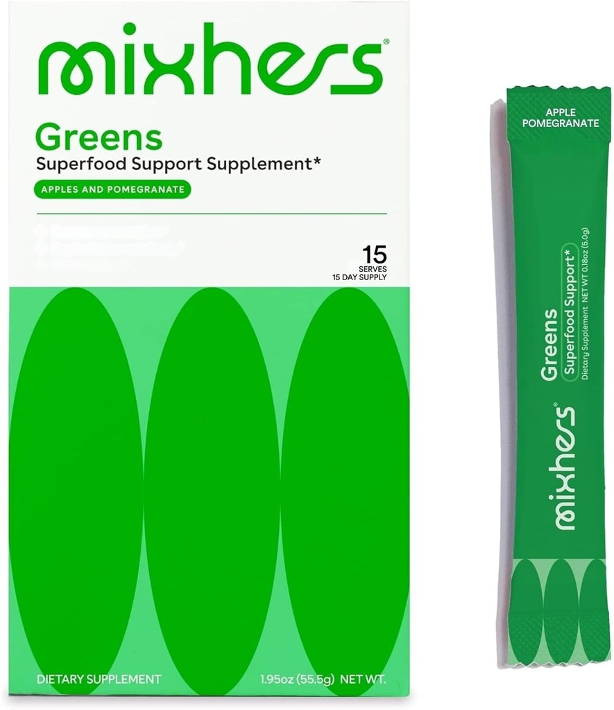 MIXHERS Hergreens - Green & Veggie Powder - Lavet af hele fødevarer - med fordøjelige enzymer & Kale - Nutrition designet til kvinder - Support Heart & Lever - 15 drikke pakker - Æbler & Pomegranat
