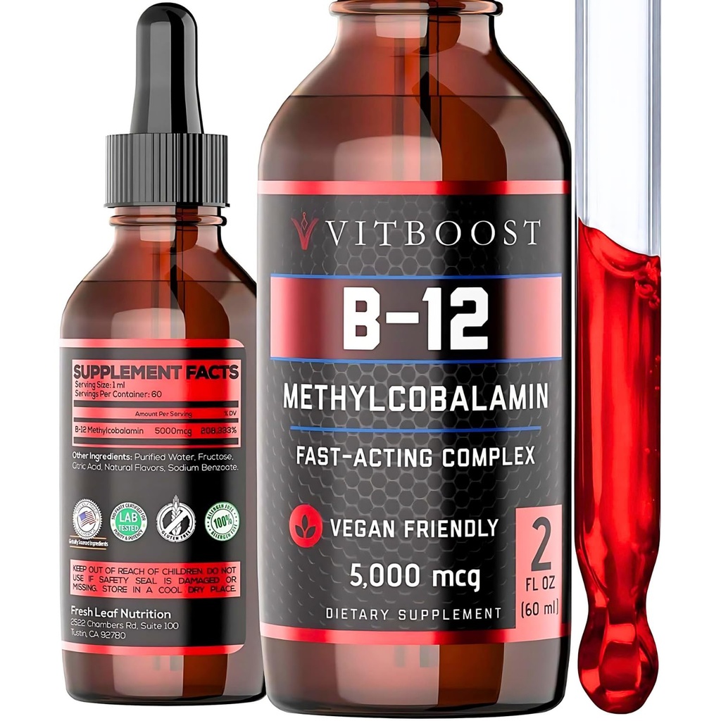 Vegansk Væske B- 12 Drops - 60 x 5000 mcg Ekstra Styrke Raspberry Flavored Vitamin B12 Flydende Methylcobalamin sublingual Supplement124; Designet til at Maksimere Absorption & Energy