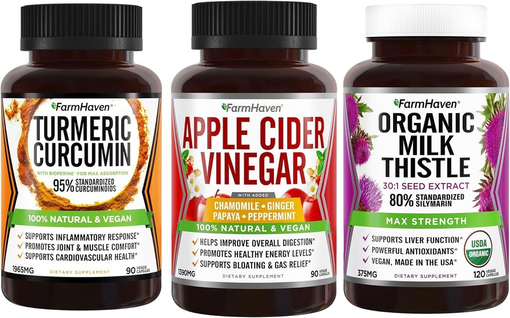 FarmHaven Turmeric Curcumin with Black Pepper and Apple Cider Vinegar with Ginger and Milk Thistle