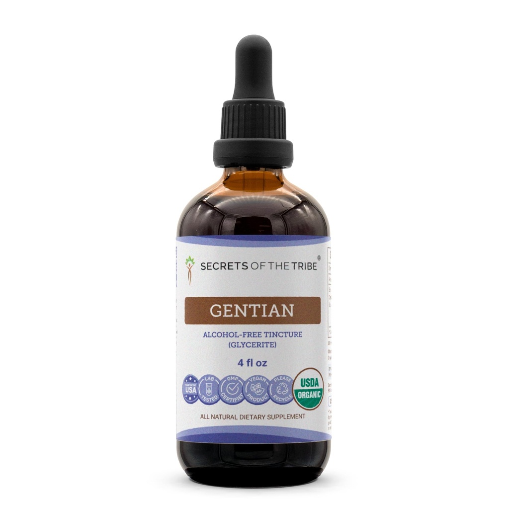 Secrets of the Tribe Gentian USDA Organic Mezzogiorno 124; Alkohol- Free Extract, High- Potency Herbal Drops Mezzogiorno 124; Lavet af 100% Certificeret Organisk Gentian (Gentiana Lutea) Tørret rod (4 oz)