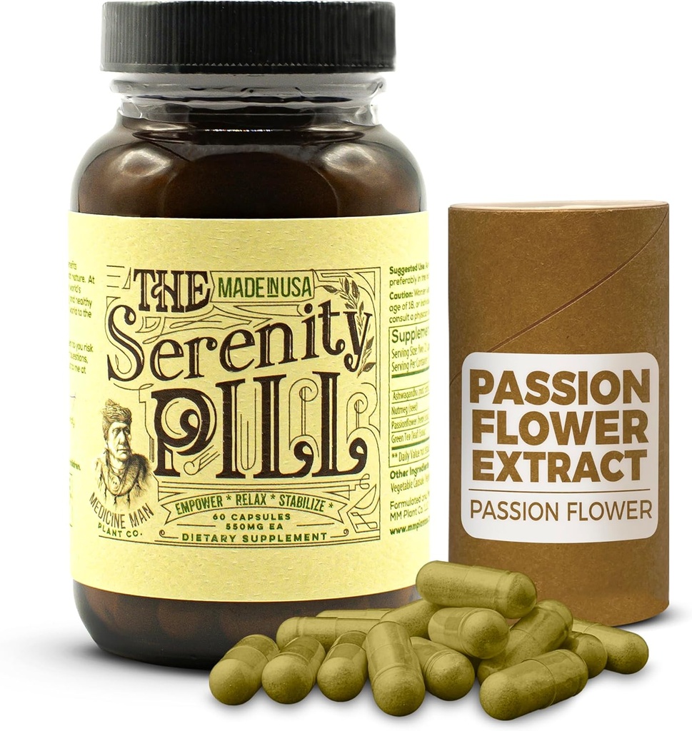 The Serenity Pill 60 Caps - Organic Mood Pills & Anti Stress Supplement w / Ashwagandha Root Extract, Passion Flower Extract, Nutmeg & Green Tea Extract - Natural Passion Flower Supplement til Stress