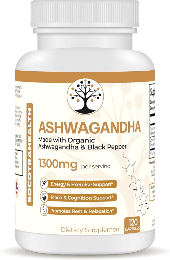 Ashwagandha med sort peber til forbedret absorption - Certificeret økologisk, ikke-GMO, Gluten- Free - Understøtter mad og energi, Understøtter hvile og afslapning - 120 Veganske kapsler