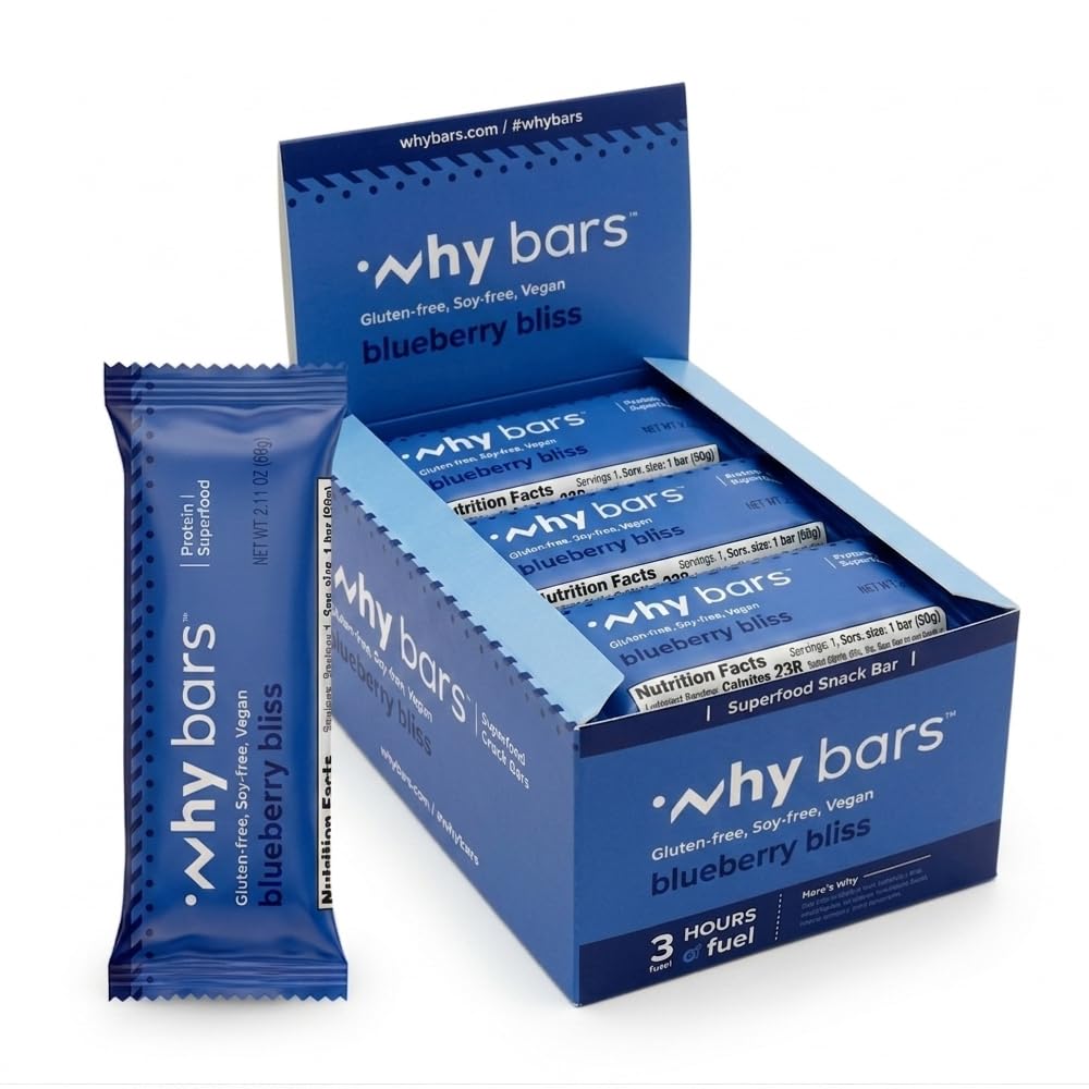 Hvorfor Barer, Protein Bars, Blåbær Bliss, 2.04 Ounce Bars (Pack of 12 Protein Bars) - Protein Bar Superfood, Gluten Free, Ikke GMO, Organisk, Vegan, Simple Ingredienser