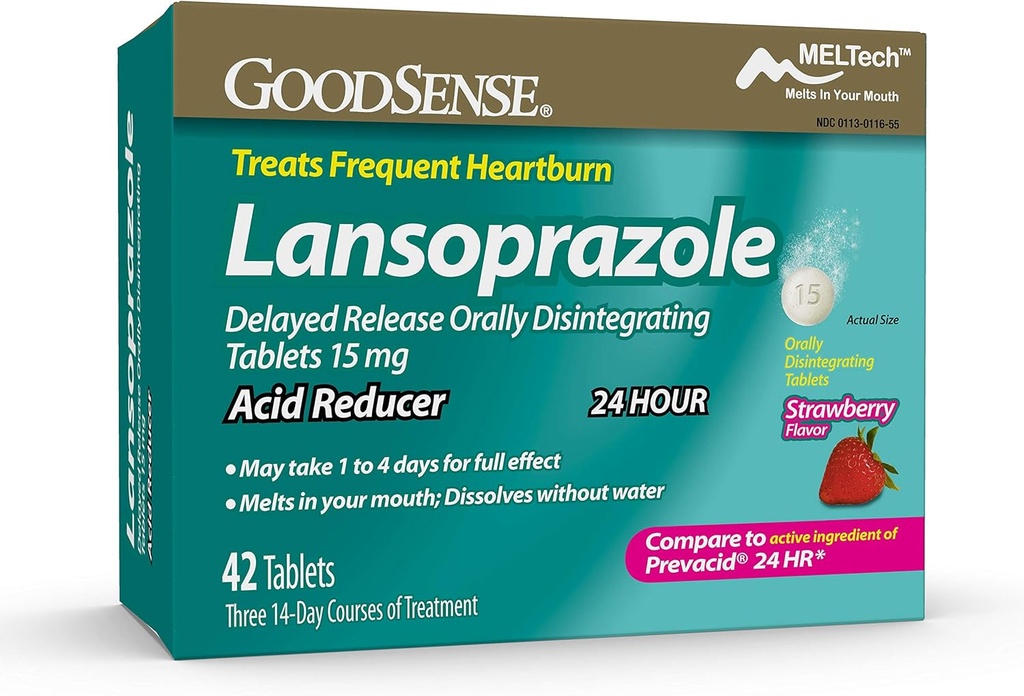 GoodSense Lansoprazol Forsinket udløsning Oralt opløses Tablets 15 mg, Acid Reducer, Strawberry Flavor, 42 greve (pakning med 1)