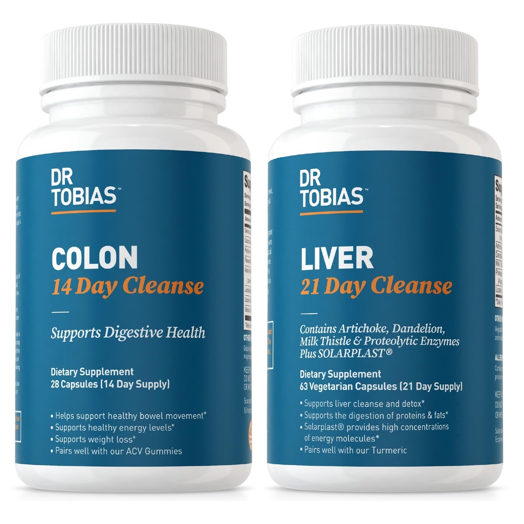 Dr. Tobias Colon 14 Day Cleanse & Lever 21 Day Cleanse Kosttilskud, med Fiber, Urter & Probiotika, Solarplast, Artiskoke, Milk Thistle, Understøtter Gut og Lever sundhed.
