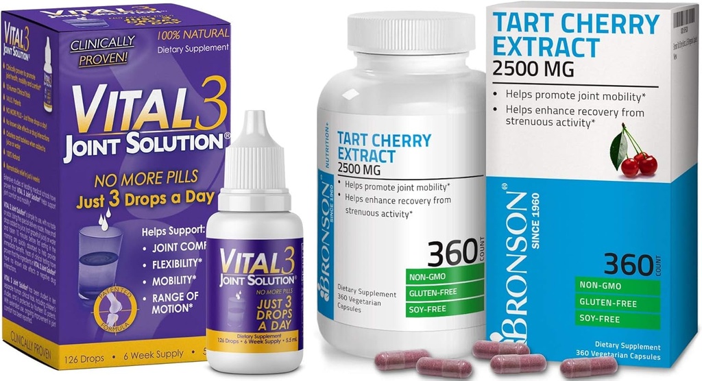 Vital 3 Joint Solution ® Clinically Proven Liquid Knee Relief Supplement + Bronson Tart Cherry Extract 2500 mg Vegetariske kapsler
