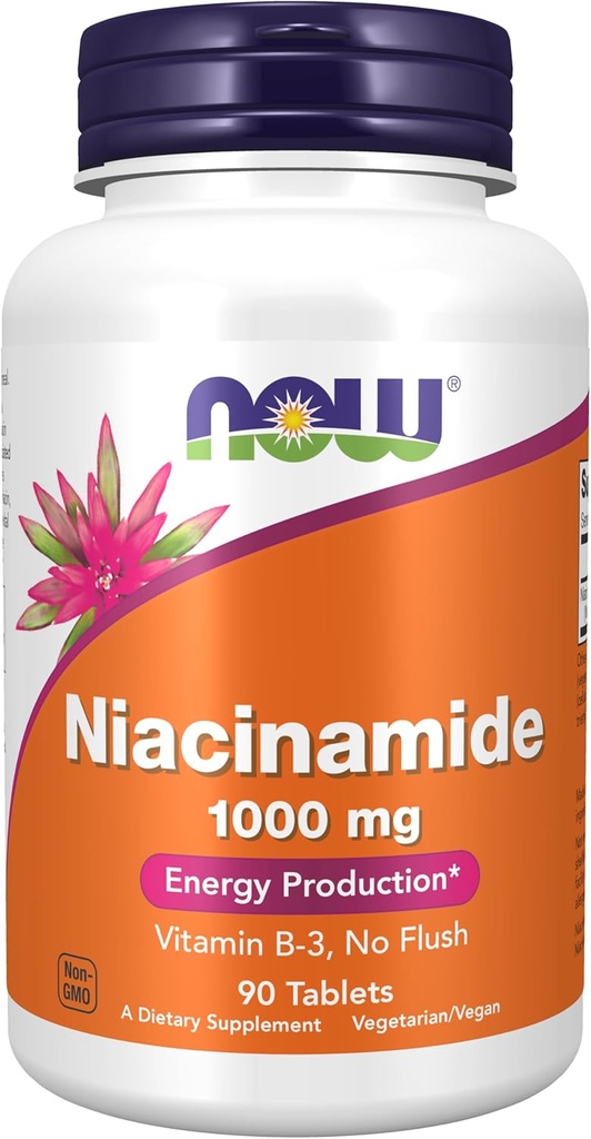 Now Foods Supplements, Niacinamid (vitamin B-3) 1000 mg, Energiproduktion *, 90 tabletter, hvid, off- hvid